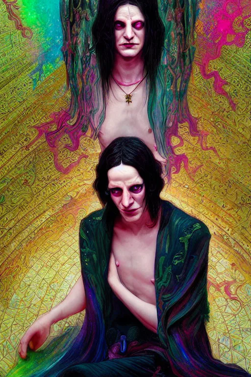 Image similar to portrait of brian molko as delirium of the endless, the sandman, rainbow clothes, in persian temple wet night, sci - fi and fantasy, intricate and very very beautiful and elegant, highly detailed, digital painting, artstation, concept art, smooth and sharp focus, illustration, art by tian zi and wlop and alphonse mucha