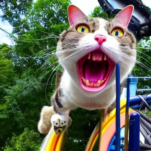 Image similar to selfie of a shouting cat riding a roller - coaster, highly - detailed realistic award - winning