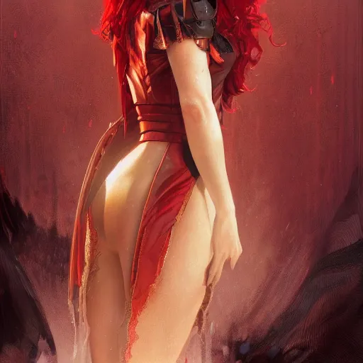 Prompt: scarlett johanson as a red haired vampire sorceress, leather armor, d & d, fantasy, intricate, elegant, highly detailed, digital painting, artstation, concept art, matte, sharp focus, illustration, art by greg rutkowski and alphonse mucha