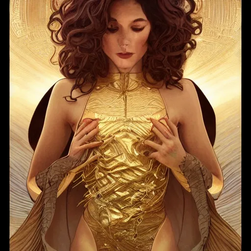 Image similar to Sandman with a gold suit, portrait, intricate, elegant, highly detailed, digital painting, artstation, concept art, smooth, sharp focus, illustration, art by artgerm and greg rutkowski and alphonse mucha