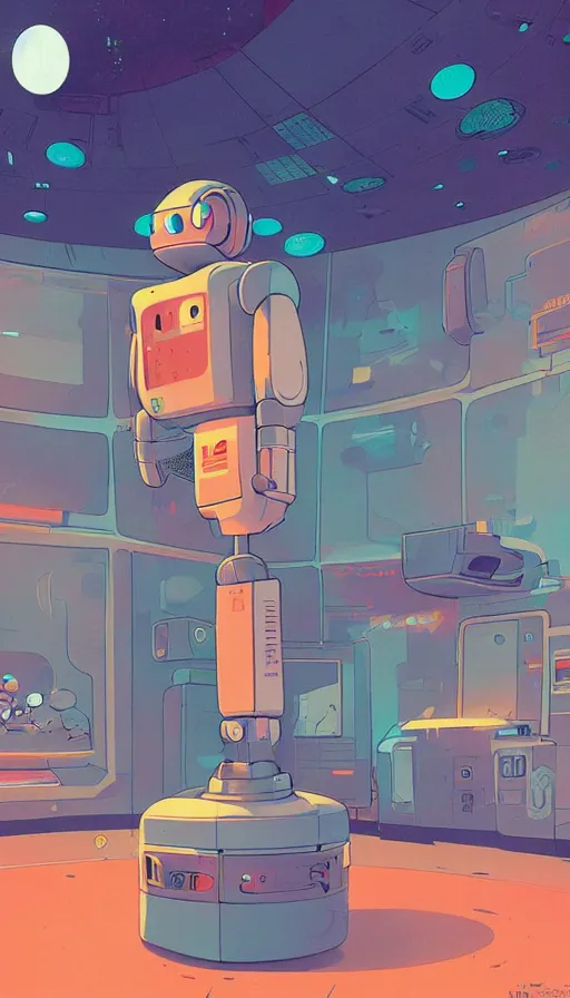 Image similar to a lonely robot in a space station, sharp focus, james gilleard, moebius, print, risograph, cinematic, game art