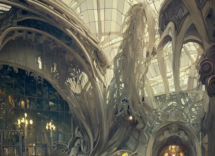 Image similar to mercedes exhibition center exterior designed by antoni gaudi, and concept art by artgerm, greg rutkowski, alphonse mucha