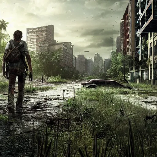 Image similar to a deserted zombie outbreak city, vegetation, post modern, post apocalyptic, the last of us, the walking dead, high definiton, high detail, ultra realistic, high quality, hyper realistic, 4 k uhd,