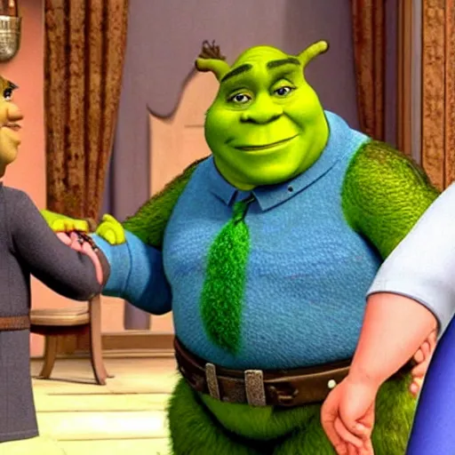 Image similar to movie frame screen shot, adolf hitler shaking hands with shrek, from shrek 2 ( 2 0 0 4 ), hd