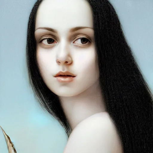 Prompt: highly detailed ilustration of a beautiful cute girl with feathers, endless black hair, with pale skin, by nicola samuri, by dino valls, by m. w. kaluta, rule of thirds, seductive look, 4 k resolution