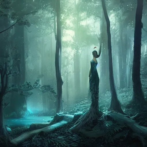 Image similar to a beautiful greek goddess in a bioluminescent ancient dark forest, greg rutkowski, 8 k, shallow depth of field, ultra high detail, concept art,