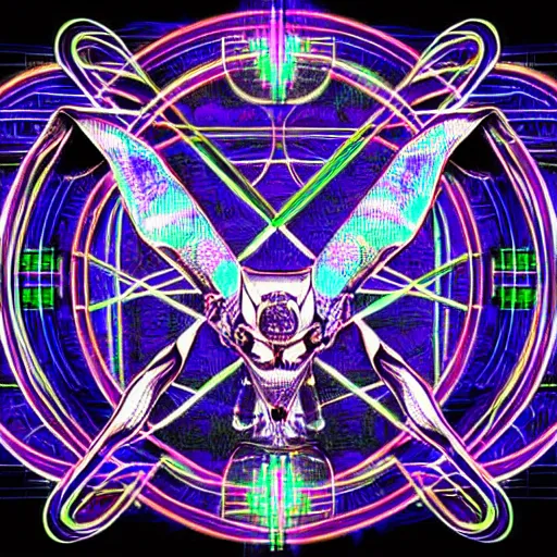 Image similar to biomechanical baphomet sigil merged with mainframe circuitry, multicolored digital art