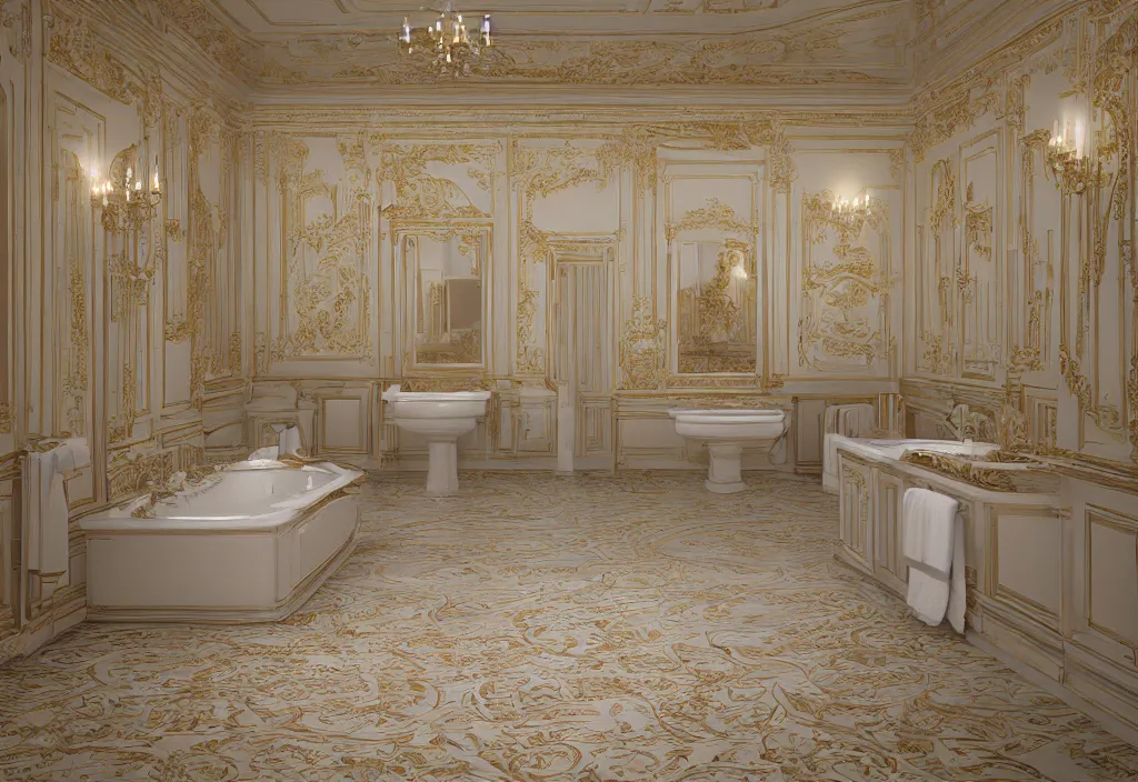 Image similar to kodak portra 4 0 0 photographic and realistic, interior of a bathroom in style of royal palace, detailed, octane render, unreal engine, 4 k, artstation, hyper realistic, wide angle, floor flooded, how a river, objects that float, 3 5 mm, sharp focus, soft light, volumetric light, in the style of gregory crewdson