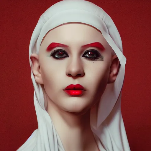 Prompt: beautiful albino woman from Saudi Arabia, photograph, award wining, red and white, trending on artstation, punk attitude, 4k, unreal engine 5, octane render, neon highlights, detailed, photo by steve meiele, annie lebovetz, david lachapelle