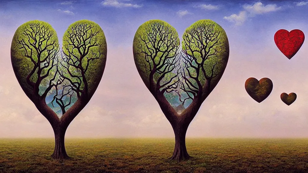 Image similar to surreal landscape, surrealism, fibonacci, heart shaped trees, symmetrical, esao andrews, victor enrich, dali