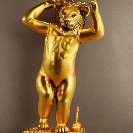 Image similar to golden statue of a lion wearing a leotard