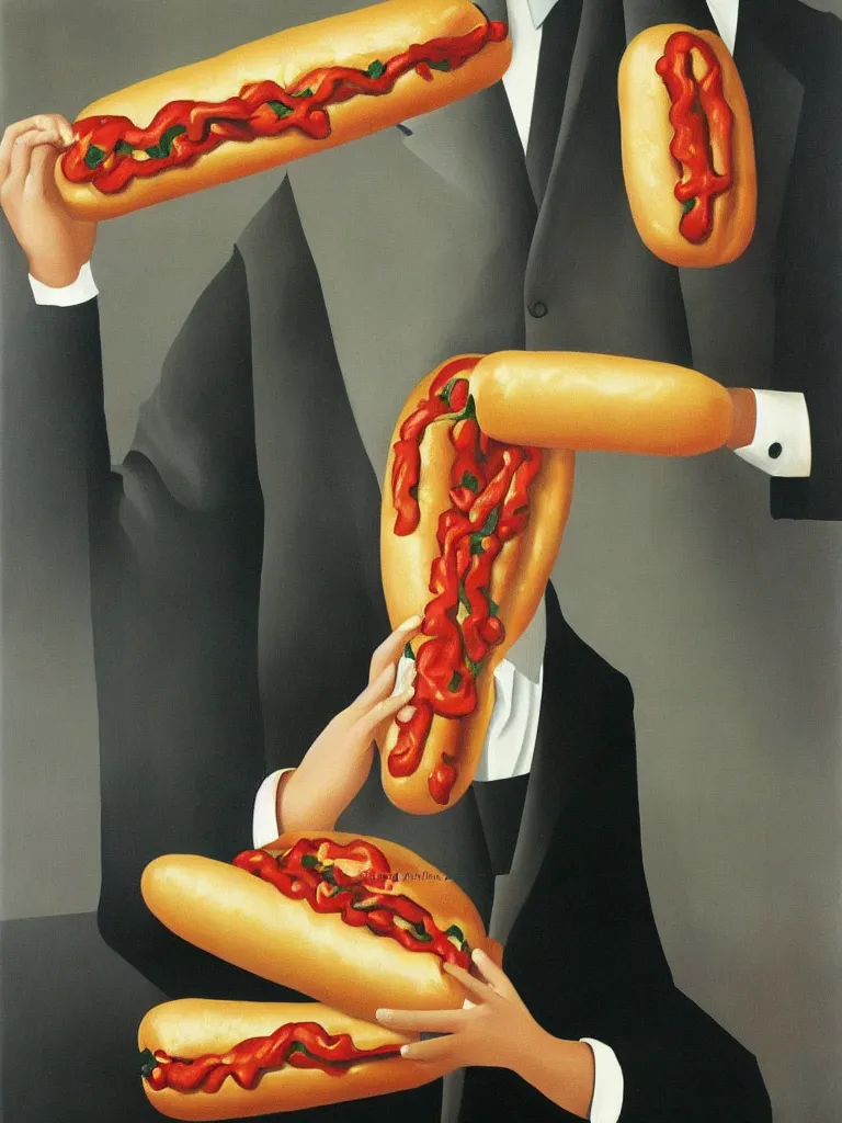 Image similar to Rene Magritte's Son Of Man painting with a hotdog blocking the face, but the man is a large hotdog in a suit and the hotdog has a man's face on it