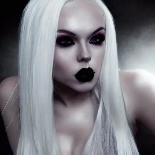 Image similar to modeling photograph kerli koiv, blonde, beautiful, dark, mysterious, bubble goth, detailed face