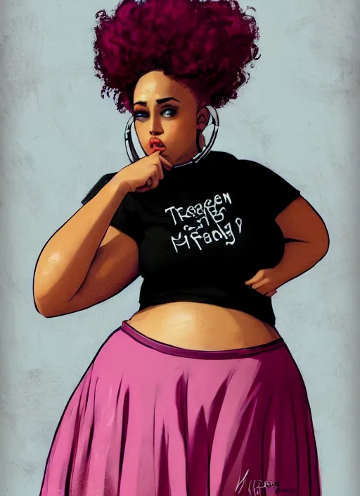 Image similar to full body portrait, teenage vanessa morgan, pink hair, obese, curly pixie hair, sultry, realistic, short hair, hoop earrings, skirt, shirt, fat, belly, black girl, intricate, elegant, highly detailed, digital painting, artstation, concept art, smooth, sharp focus, illustration, art by wlop, mars ravelo and greg rutkowski