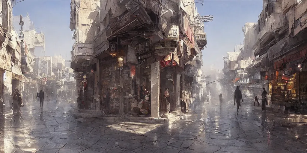 Image similar to hyper realistic, beautiful damascus city, cleaned up,, painted by greg rutkowski, highly detailed,