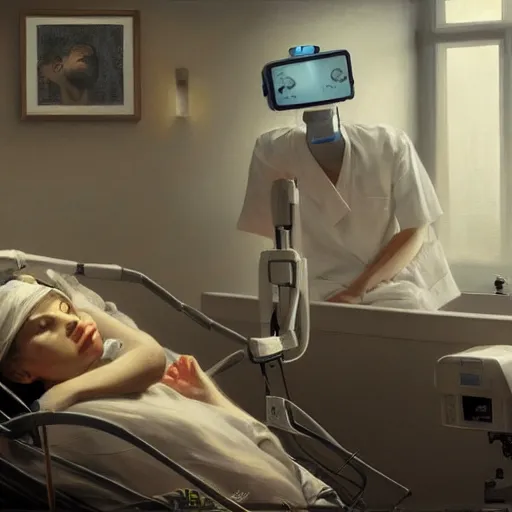 Image similar to epic masterpiece of cinematographic hyperrealism where a robot appears attending to a patient in the hospital. realistic shaded lighting poster by craig mallismo, artgerm, jeremy lipkin and michael garmash, unreal engine, radiant light, detailed and intricate environment, digital art, art station trends
