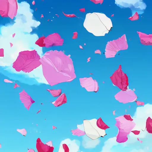 Prompt: background art of spaciously scattered flower petals flowing and floating through the blowing swirling directional wind from left to right on a simple cloudy sky background, big puffy clouds, large individual rose petals, angular background elements, polygonal fragments, studio ghibli, artgerm, trending on artstation, art nouveau, mature color scheme