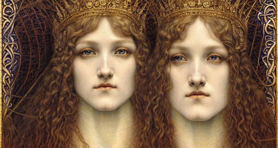 Image similar to detailed realistic beautiful young medieval queen face portrait by jean delville, gustave dore and marco mazzoni, art nouveau, symbolist, visionary, gothic, pre - raphaelite. horizontal symmetry