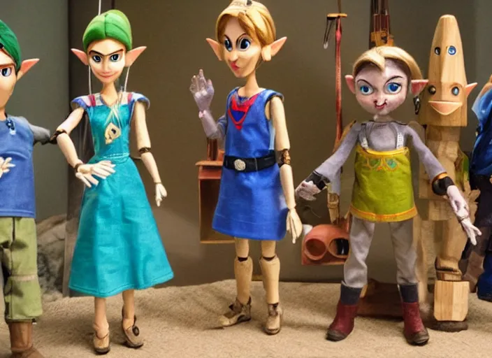 Prompt: still from a live - action tv show in the style of thunderbirds with marionette puppets, starring link and princess zelda and zelda monsters in hyrule or in dungeons. wooden puppets wearing clothing made of fabric. photographic ; realistic ; highly - detailed.