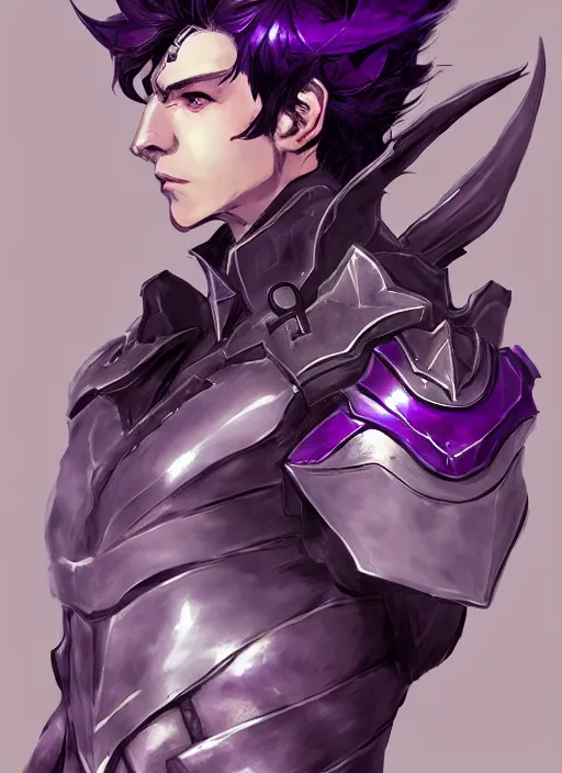 Image similar to Half body portrait of a handsome elven aristocrat with short hair wearing purple heavy armor. In style of Yoji Shinkawa and Hyung-tae Kim, trending on ArtStation, dark fantasy, great composition, concept art, highly detailed, dynamic pose.