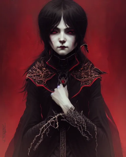 Prompt: dark vampire, character portrait, concept art, intricate details, highly detailed by ilya kuvshinov and gustave dore, wenjun lin,