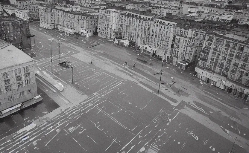 Image similar to 1990s aerial photograph historic footage of a sovietic streets with pedestrians, very large aerial view from a drone, aerial view Cinestill 800t 18mm, heavy grainy picture, very detailed, high quality, 4k panoramic, rain, mud, foggy