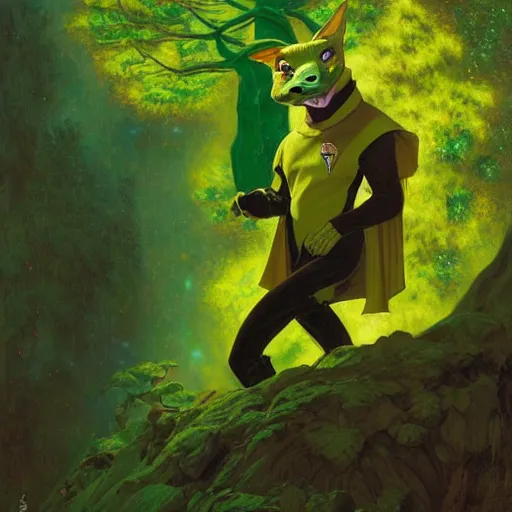 Image similar to a portrait of a male green reptile in star trek uniform at night in a dark forest. zootopia fursona furaffinity detailed face painting by gaston bussiere craig mullins jc leyendecker gustav klimt artgerm greg rutkowski