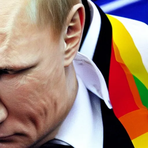 Prompt: portrait of putin at gay pride, sharp, focus, elegant, leather, joyful, dancing,