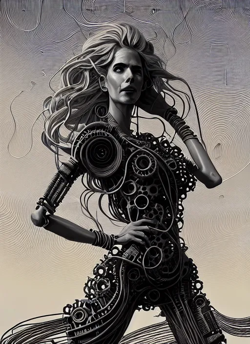 Image similar to highly detailed portrait of a biomechanical long curly white hair tribal lady, stray wiring by atey ghailan, james gilleard, by joe fenton, by greg rutkowski, by greg tocchini, by kaethe butcher, 4 k resolution, gradient yellow, black and white color scheme!!! ( ( robotic honeycomb sandy desert brick pyramid background ) )