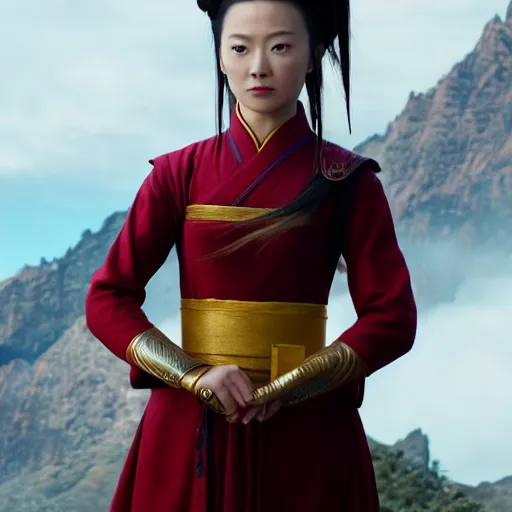 Image similar to live action cinematic shot of elizabeth yu is princess azula, 4 k, 3 5 mm