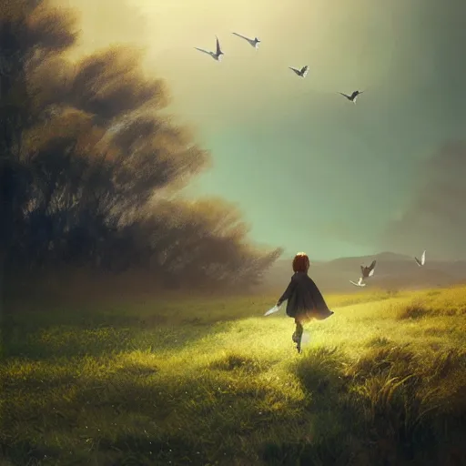 Image similar to flock of swallow birds flying in avila, golondrinas, green fields, spring season, 4 k, midday light, concept art, by wlop, ilya kuvshinov, artgerm, krenz cushart, greg rutkowski, pixiv. cinematic dramatic atmosphere, sharp focus, volumetric lighting, cinematic lighting, studio quality