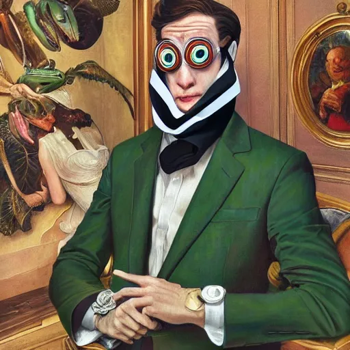 Image similar to gentleman frogman wearing a cravat and hand watches portrait in the museum, highly detailed, sharp focus, digital painting, artwork by Victor Adame Minguez + Yuumei + Tom Lovell + Sandro Botticelli