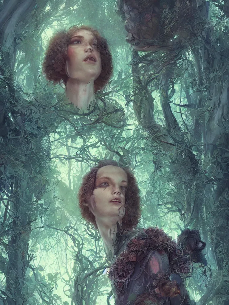 Image similar to a solarpunk portrait of a gorgeous woman in the movie Annihilation, with mutated bears and trees and fractal sunlight, award-winning, masterpiece, in the style of Tom Bagshaw, Cedric Peyravernay, Peter Mohrbacher