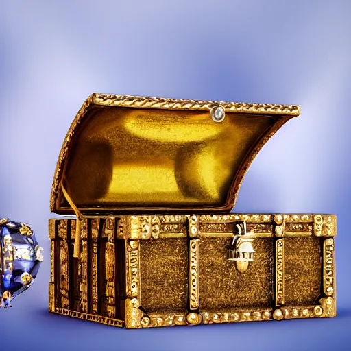 Image similar to A treasure chest filled with jewels and golden artefacts, 4k, hdri, museum quality photo