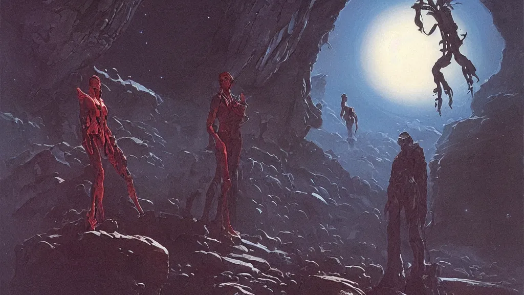 Image similar to explorers on an eerie atmospheric evolving alien planet by gerald brom and vincent di fate, epic cinematic matte painting