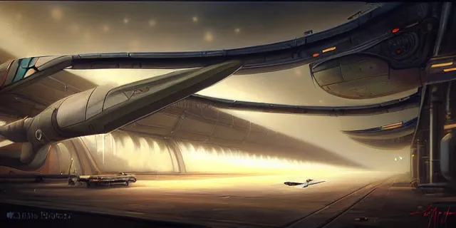 Image similar to a painting of a sci fi hangar, by charlie bowater