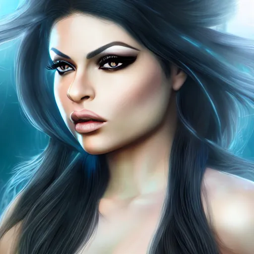 Prompt: portait princess haifa wehbe, centred, very long hair, hd, unreal engine, art digital painting, final fantasy style, amazing background theme