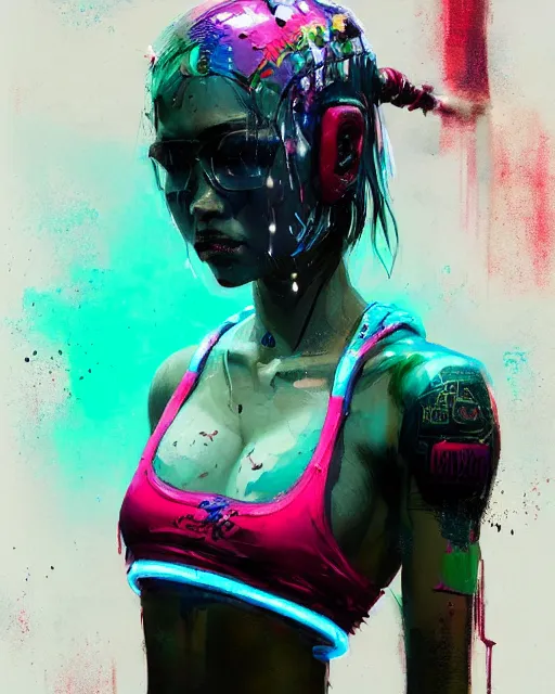 Image similar to detailed portrait Neon boxer Girl, cyberpunk futuristic neon, reflective crop top and shorts, boxing gloves, decorated with traditional Japanese ornaments by Ismail inceoglu dragan bibin hans thoma greg rutkowski Alexandros Pyromallis Nekro Rene Maritte Illustrated, Perfect face, fine details, realistic shaded, fine-face, pretty face