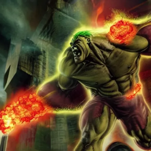Prompt: colossus titan fighting with hulk fire