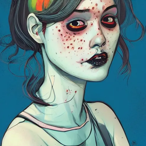 Image similar to Highly detailed portrait of pretty punk zombie young lady with, freckles and beautiful hair by Atey Ghailan, by Loish, by Bryan Lee O'Malley, by Cliff Chiang, inspired by image comics, inspired by graphic novel cover art, inspired by papergirls !! Gradient color scheme ((grafitti tag brick wall background)), trending on artstation