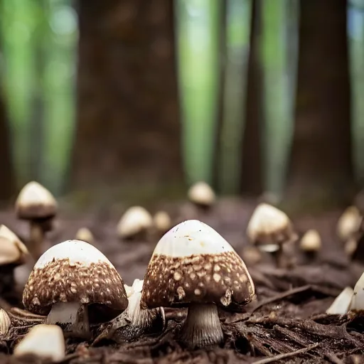 Image similar to a sharp photograph of a clump of rocky road ice cream cones growing in the deep lush forest like mushrooms. Shallow depth-of-field, dramatic light