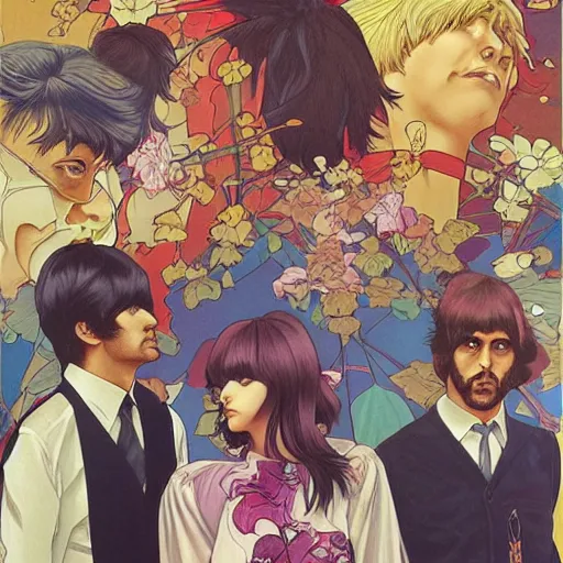 Prompt: the beatles perfect coloring, low saturation, epic composition, masterpiece, bold complimentary colors. stunning masterfully illustrated by artgerm, range murata, alphonse mucha, katsuhiro otomo