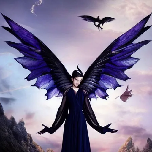 Image similar to fairy with wings, similar to maleficent, fantasy, lord of the rings, dark mood