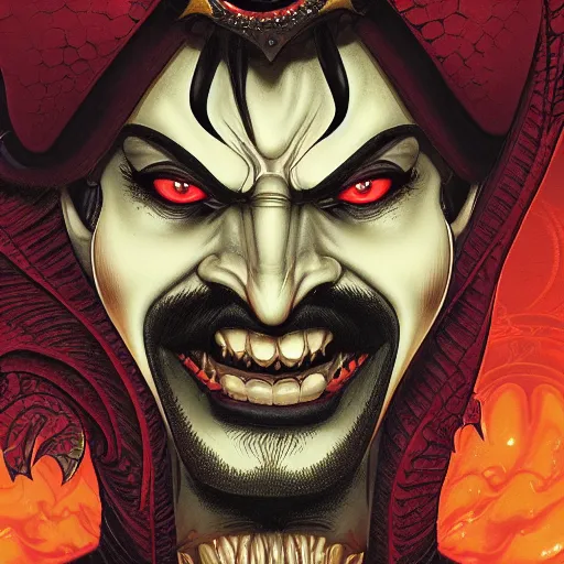 Image similar to portrait closeup of crazy dark jafar from aladdin, symmetrical, by yoichi hatakenaka, masamune shirow, josan gonzales and dan mumford, ayami kojima, takato yamamoto, barclay shaw, karol bak, yukito kishiro