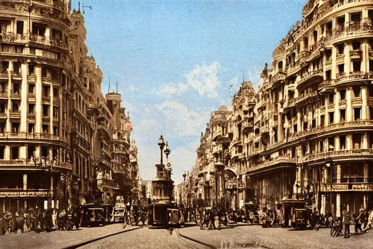 Image similar to The Madrid Gran Vía, steampunk, Victorian era style, 1890 photo, retro futuristic, highly detailed, in colors, hyper realistic