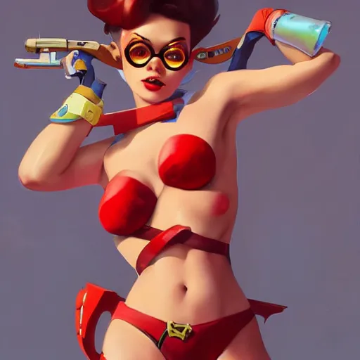 Image similar to pinup overwatch tracer in a red bikini, artwork by sergey kolesov, medium shot, asymmetrical, organic painting, sunny day, matte painting, bold shapes, hard edges, street art, trending on artstation, by huang guangjian and gil elvgren and sachin teng
