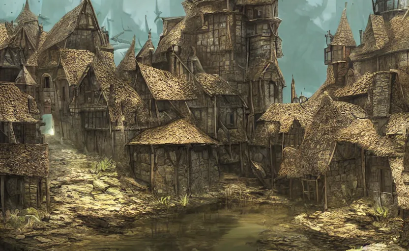 Image similar to underwater medieval village, concept art, render, blender