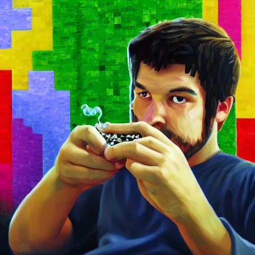 Image similar to minecraft steve smoking weed, 4 k, oil painting