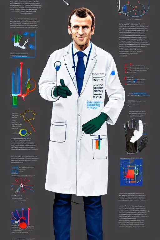 Image similar to emmanuel macron wearing lab coat and gloves, science lab, highly detailed, digital art, sharp focus, trending on art station