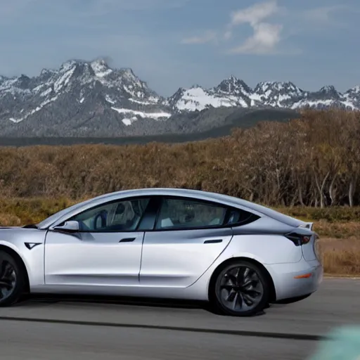 Image similar to Steam engined Tesla Model 3 on a rural highway